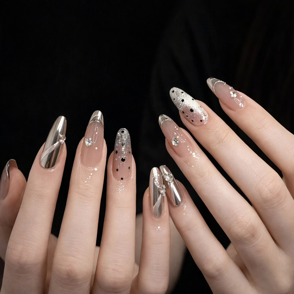 Polka Dot Ribbon High-End Water Drop Nail With Glue Diy Art Design False Nails Wearable Nails - 24Pcs