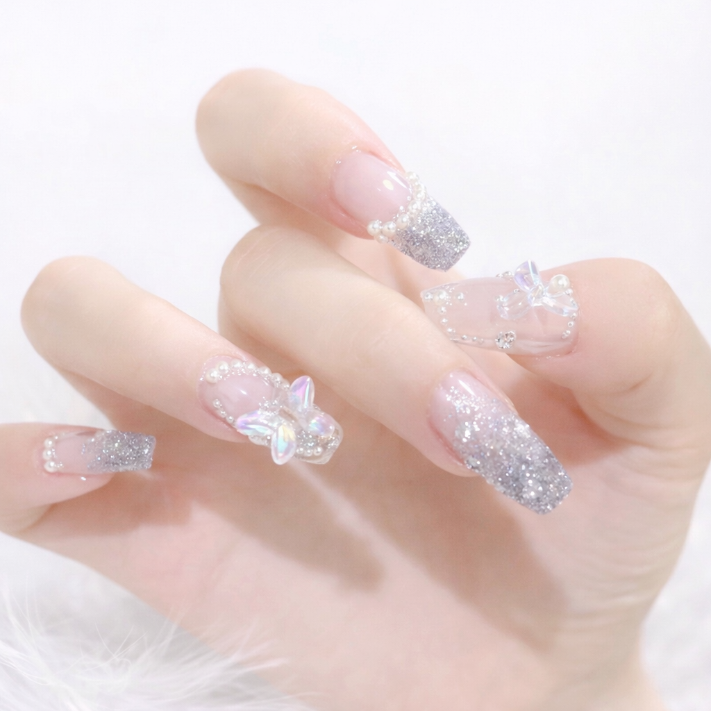 Silver Flash Butterfly Pearl Wear Armor Sweet Cool Removable Fake Nail With Glue - 24Pcs
