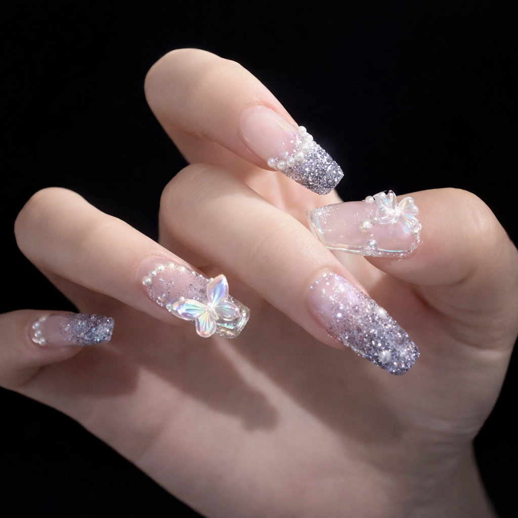 Silver Flash Butterfly Pearl Wear Armor Sweet Cool Removable Fake Nail With Glue - 24Pcs