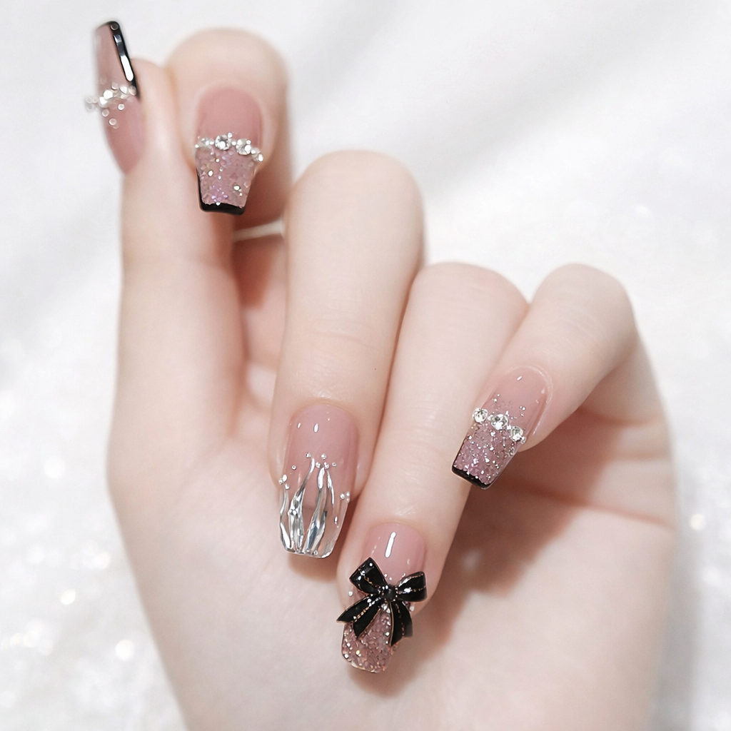 French-Style Black Bowknot Flowing Sand Chain Detachable Fake Nail With Glue - 24Pcs