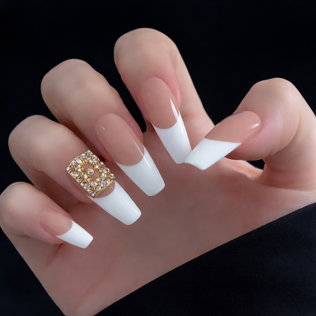 Milk White Rhinestone Box Long Fake Nail With Glue Diy Art Design False Nails - 24Pcs