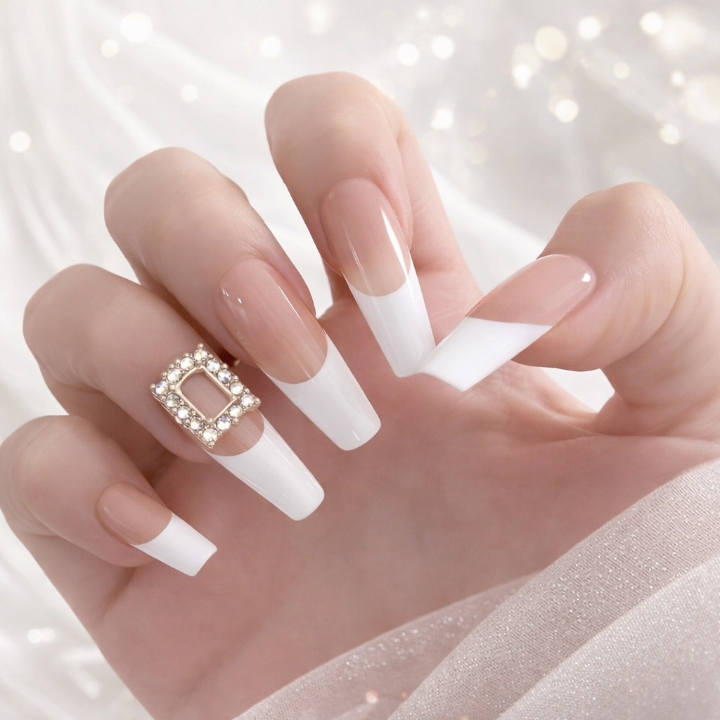 Milk White Rhinestone Box Long Fake Nail With Glue Diy Art Design False Nails - 24Pcs