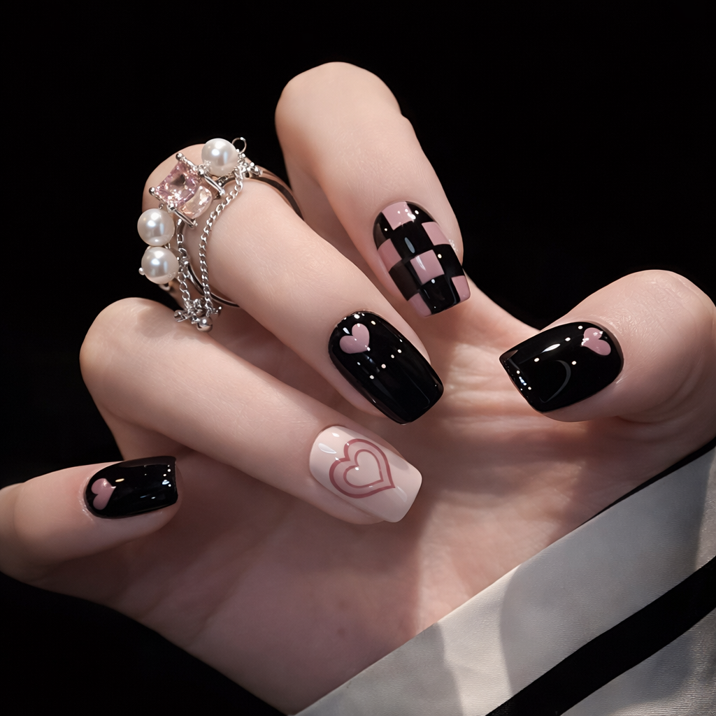 Pink Heart Wearable Fake Nails With Glue Diy Art Design False Nails - 24Pcs