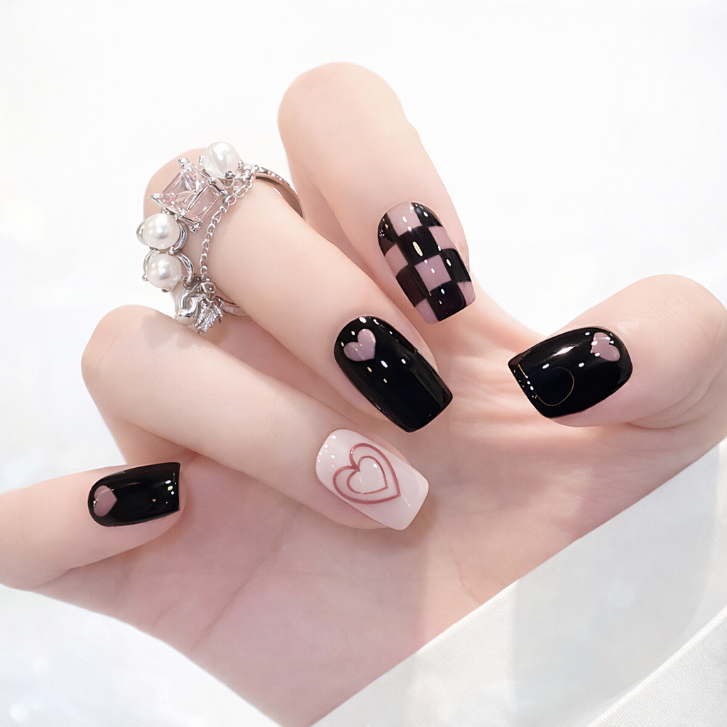 Pink Heart Wearable Fake Nails With Glue Diy Art Design False Nails - 24Pcs