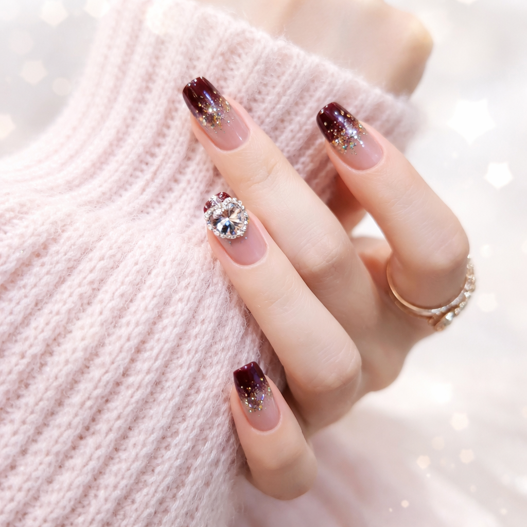 Little Wine Red French Diamond Nail With Glue Diy Art Design False Nails _24Pcs