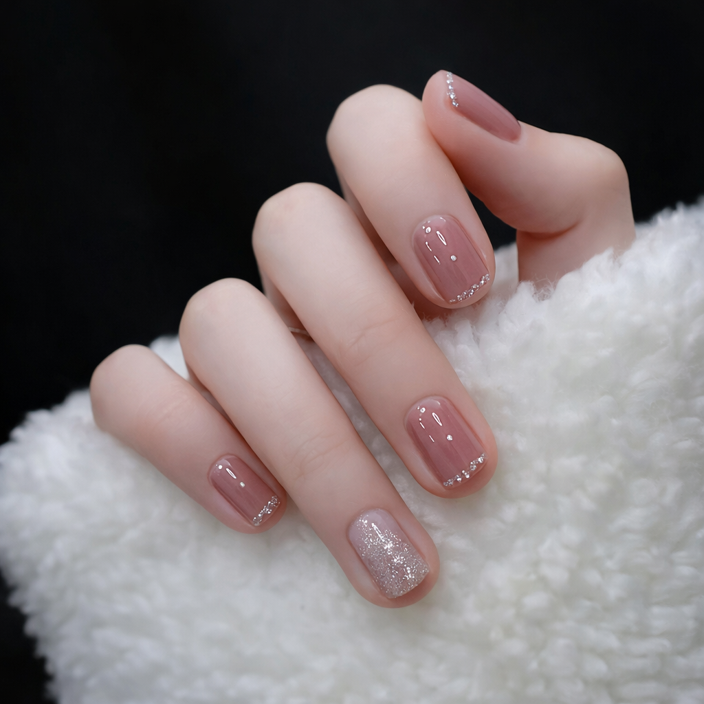 Glitter Pink Transparent Whitening Fake Nails With Glue - 24PCS