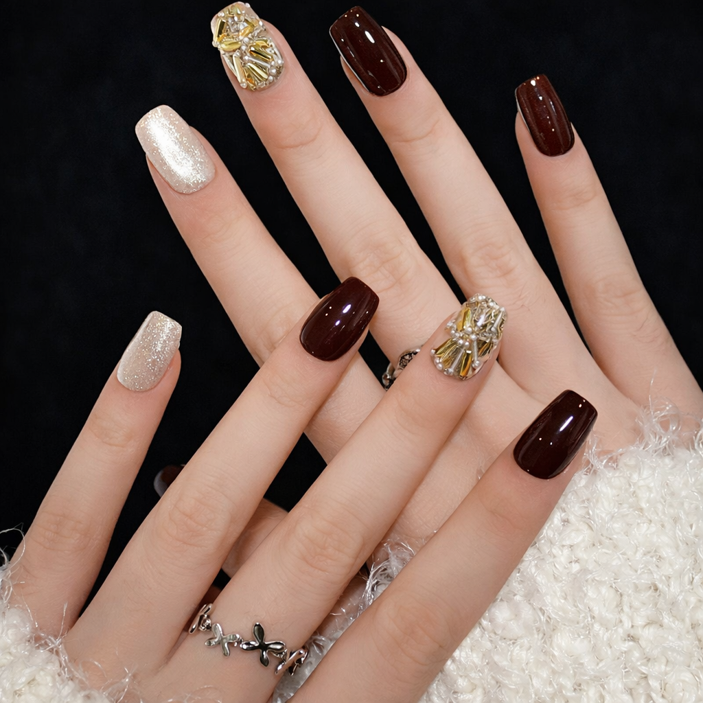 Wine Red Pure Nail With Glue Diy Art Design False Nails Wearable Nails - 24Pcs