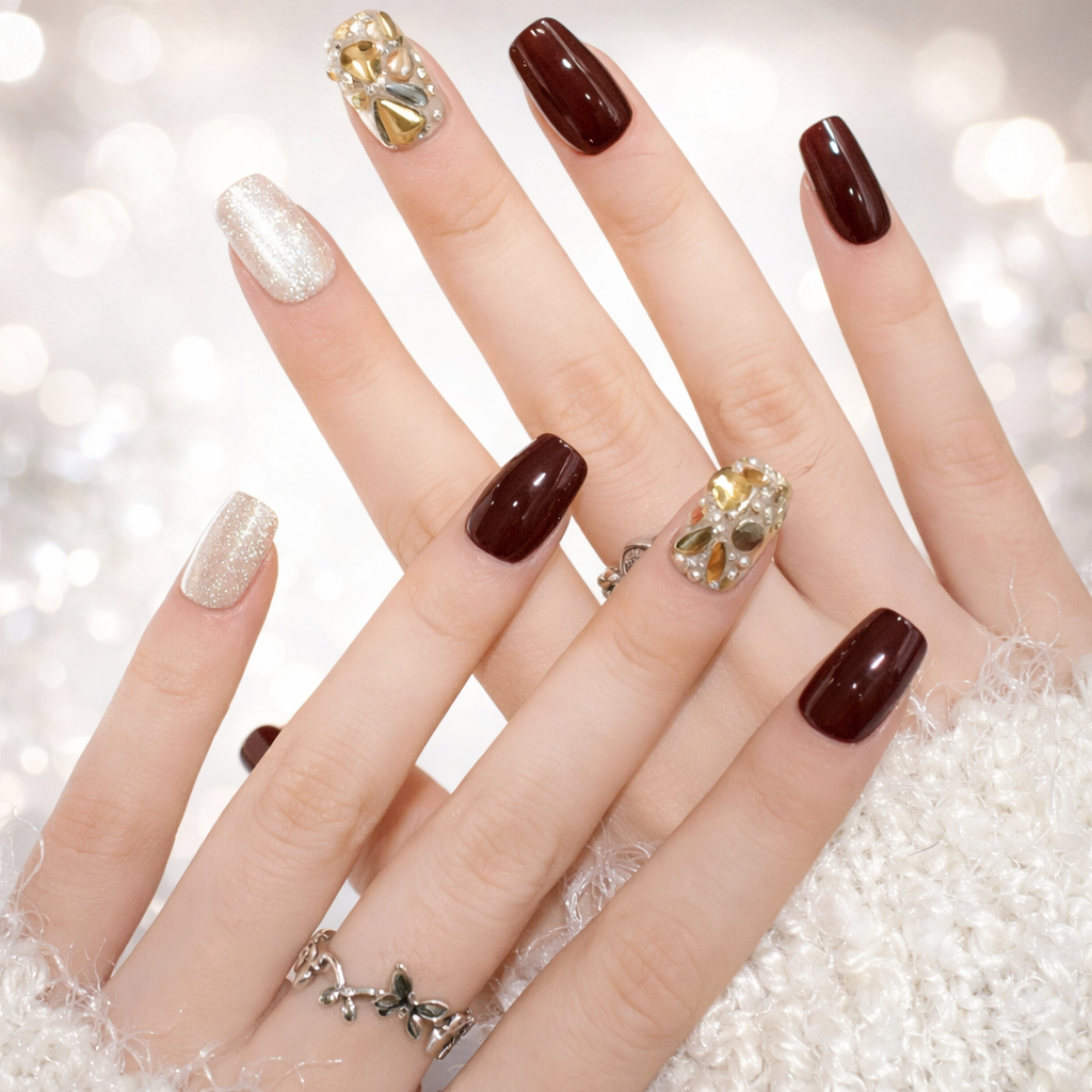 Wine Red Pure Nail With Glue Diy Art Design False Nails Wearable Nails - 24Pcs