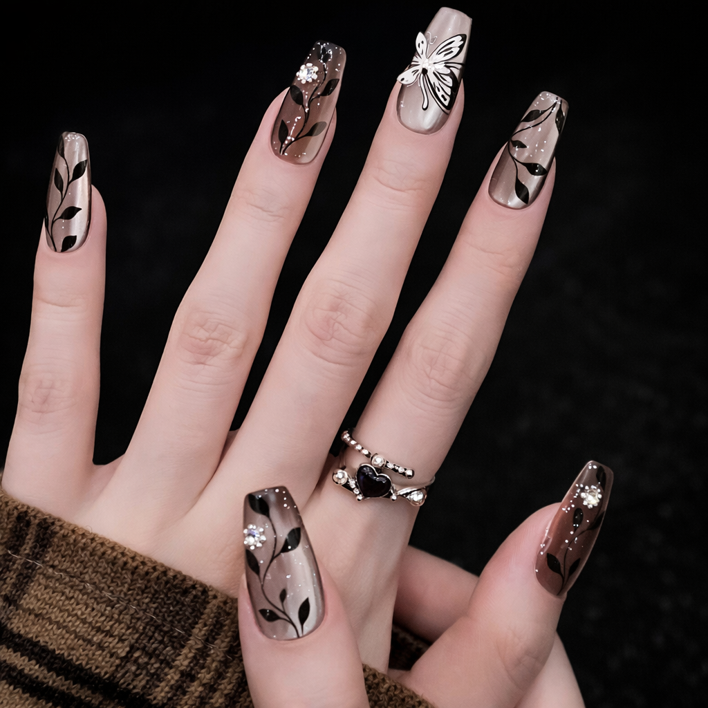 Maillard Cat's Eye Nail With Glue Diy Art Design False Nails - 24PCS
