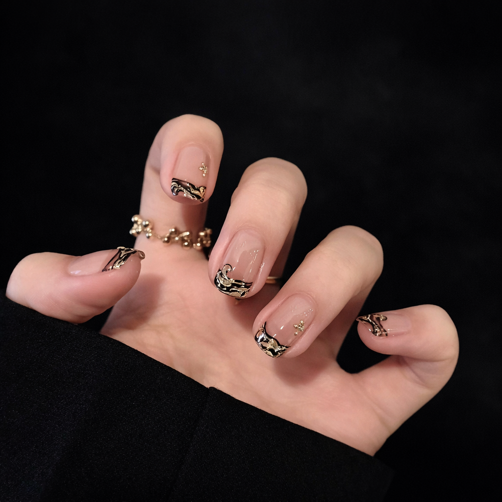 Leopard Print French Nail With Glue Diy Art Design False Nails - 24Pcs