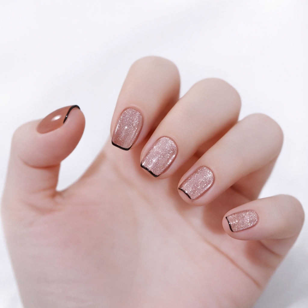 Milk Tea Color Black French Nail With Glue Diy Art Design False Nails - 24Pcs
