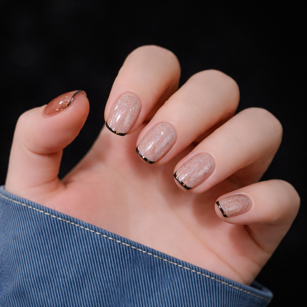 Milk Tea Color Black French Nail With Glue Diy Art Design False Nails - 24Pcs