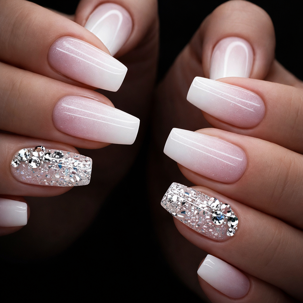 White Glitter Rhinestone Nail With Glue Diy Art Design False Nails - 24Pcs