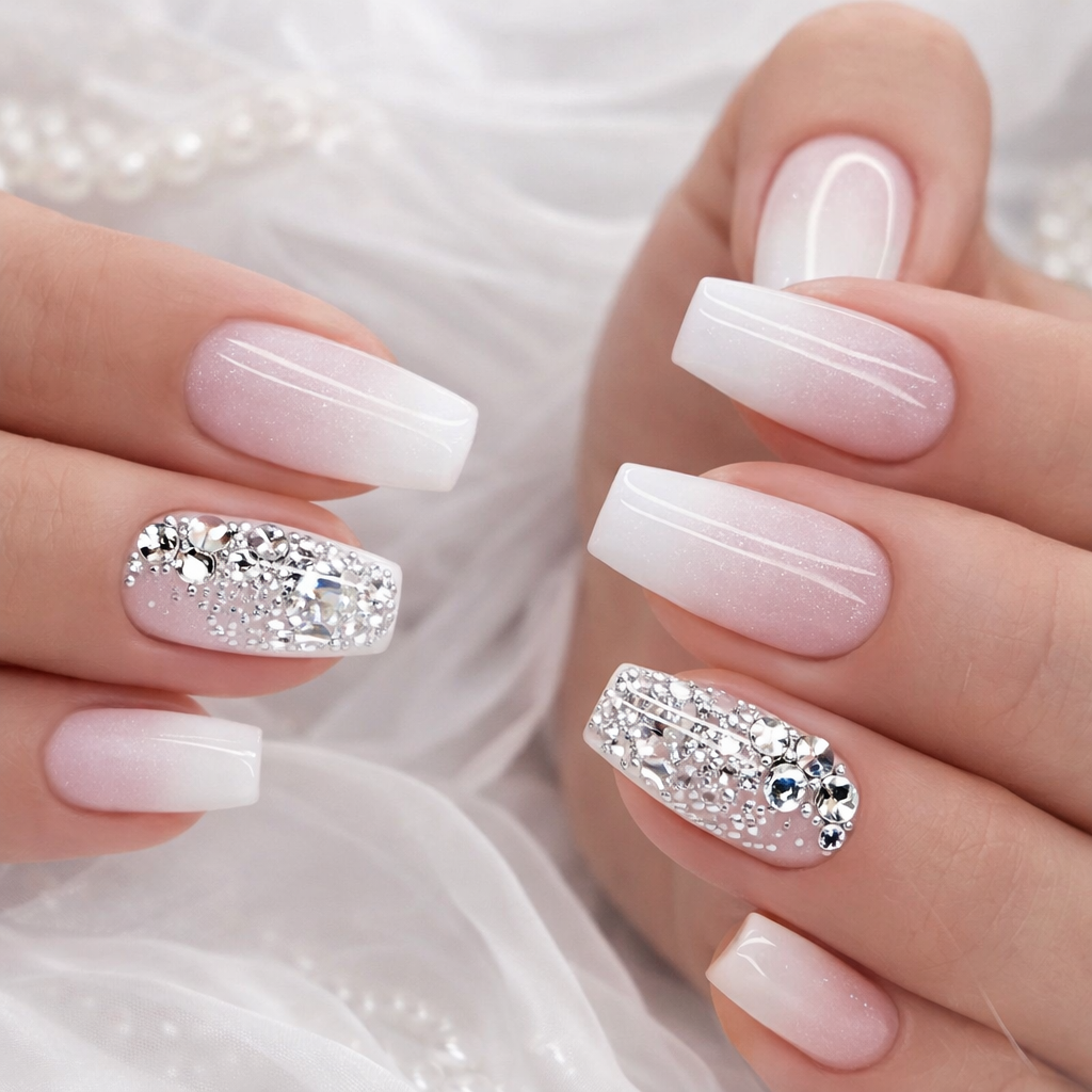 White Glitter Rhinestone Nail With Glue Diy Art Design False Nails - 24Pcs