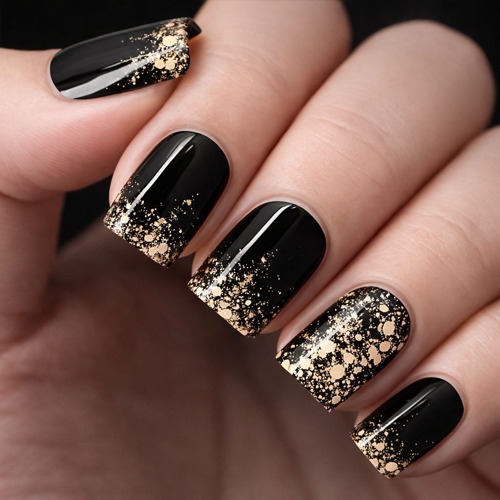 24Pcs Hot Gold Glitter Black Nail With Glue Diy Art Design False Nails - 24Pcs