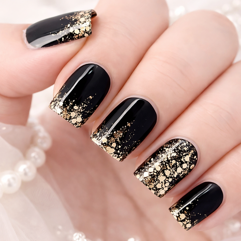 24Pcs Hot Gold Glitter Black Nail With Glue Diy Art Design False Nails - 24Pcs