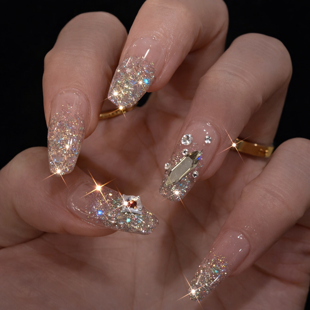 Sweet Cool Flash Powder Removable Nail With Glue Diy Art Design False Nails - 24Pcs