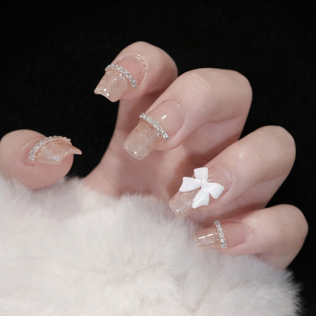 Butterfly Crystal Glitter Nail With Glue Diy Art Design False Nails - 24pcs