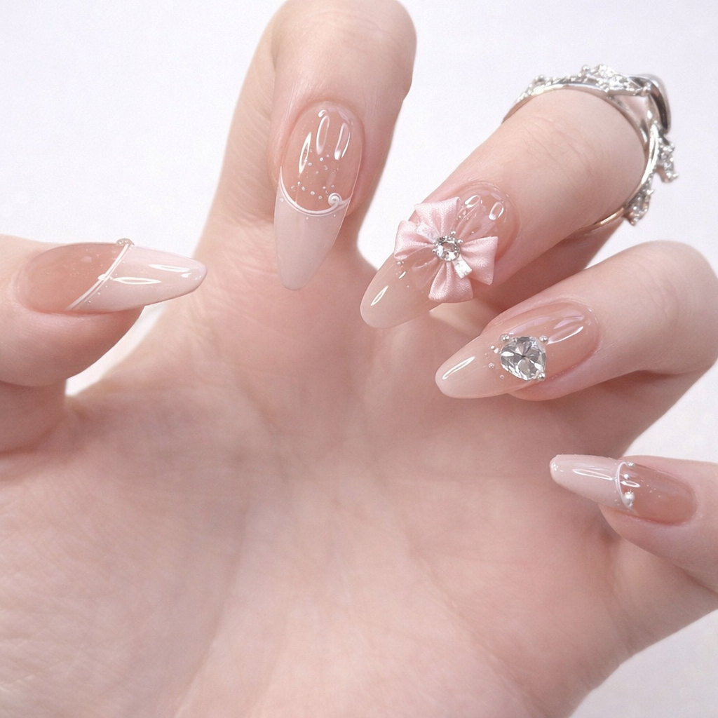 Bow Heart Dot Diamond Manicure Wearable Nails  - 24pcs