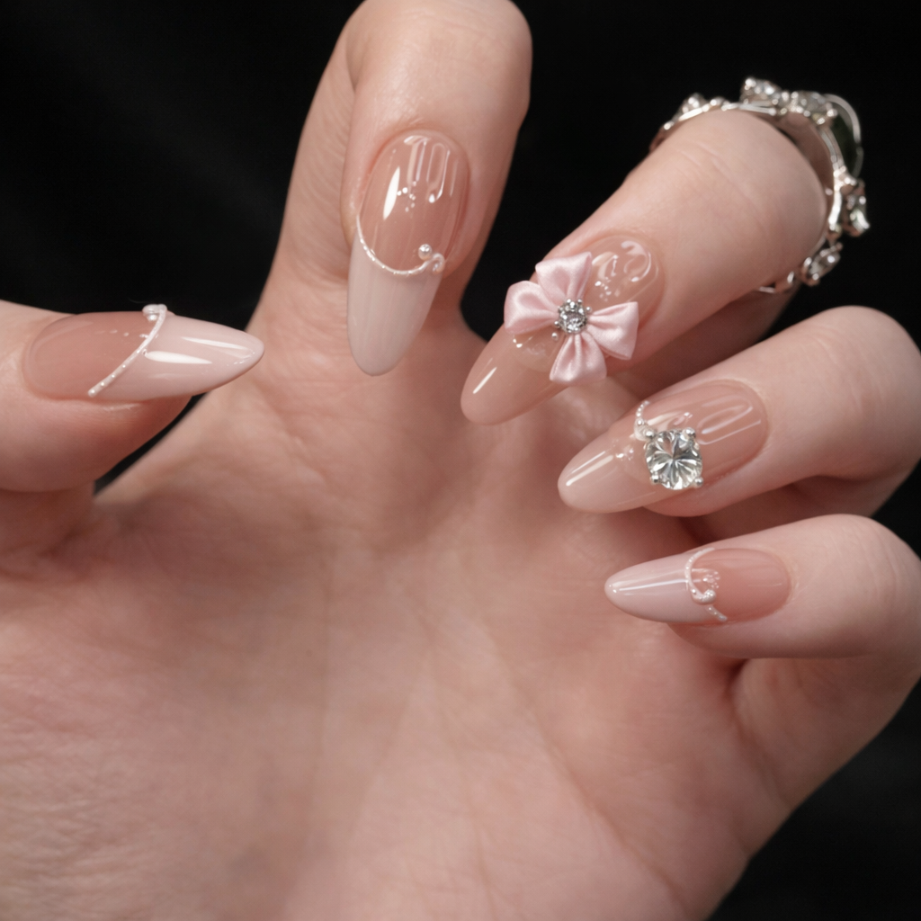 Bow Heart Dot Diamond Manicure Wearable Nails  - 24pcs