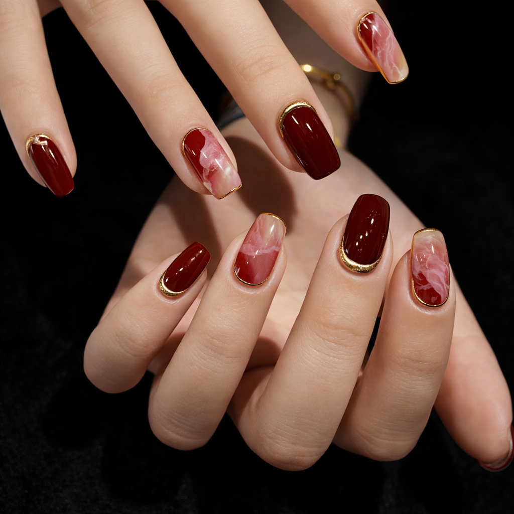 3D Gel Brown-Red Whitening Gilded Lines Nails With Glue - 24PCS