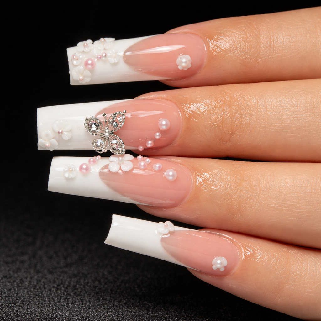 Camellia Pearl Butterfly Nail Art Wearable Nails Stylish Pattern Artificial Nails - 24pcs