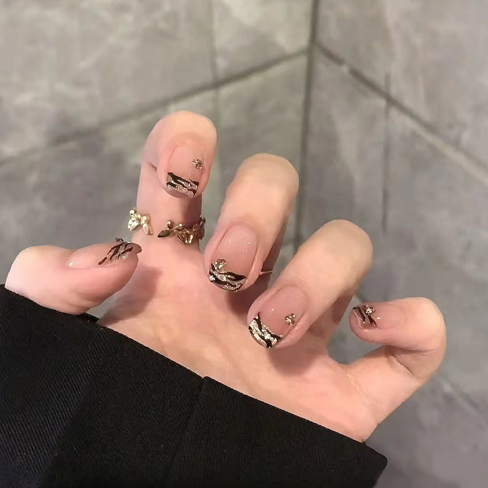 Leopard Print French Nail With Glue Diy Art Design False Nails - 24Pcs