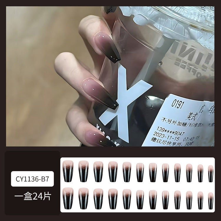 Black Gradient Wearable Normcore Style Nails With Glue - 24Pcs