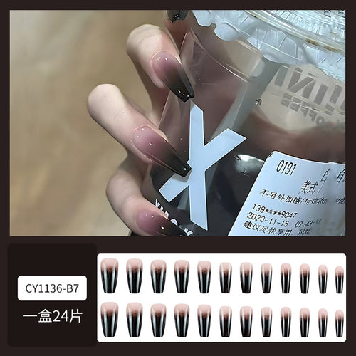 Black Gradient Wearable Normcore Style Nails With Glue - 24Pcs