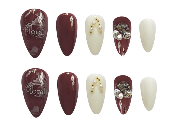 Wine Red Pure White Diamond-Encrusted Almond Nails Wearable Nails  - 24Pcs