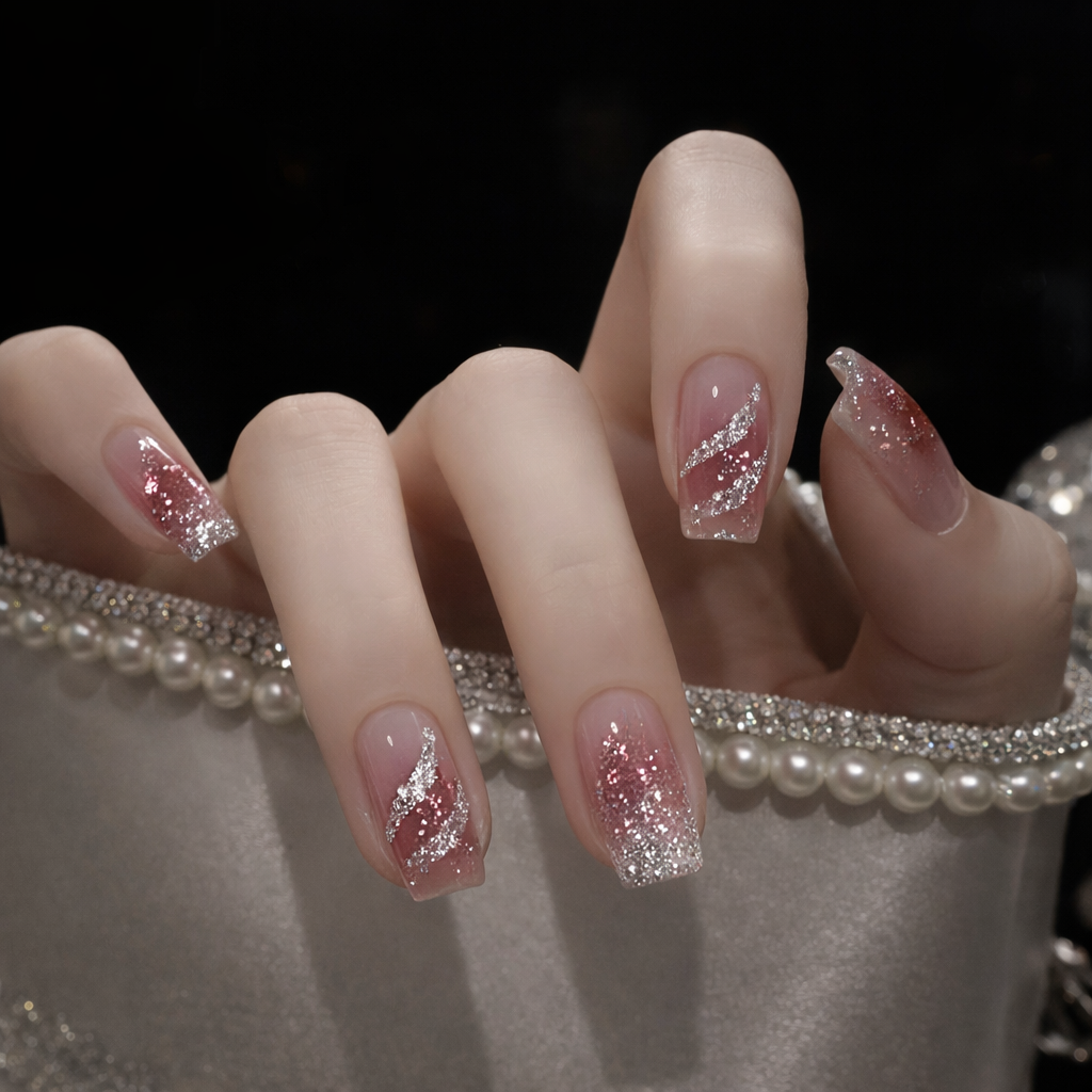 Whitening Glitter Nail With Glue Diy Art Design False Nails Wearable Nails Stylish Pattern Artificial Nails - 24Pcs