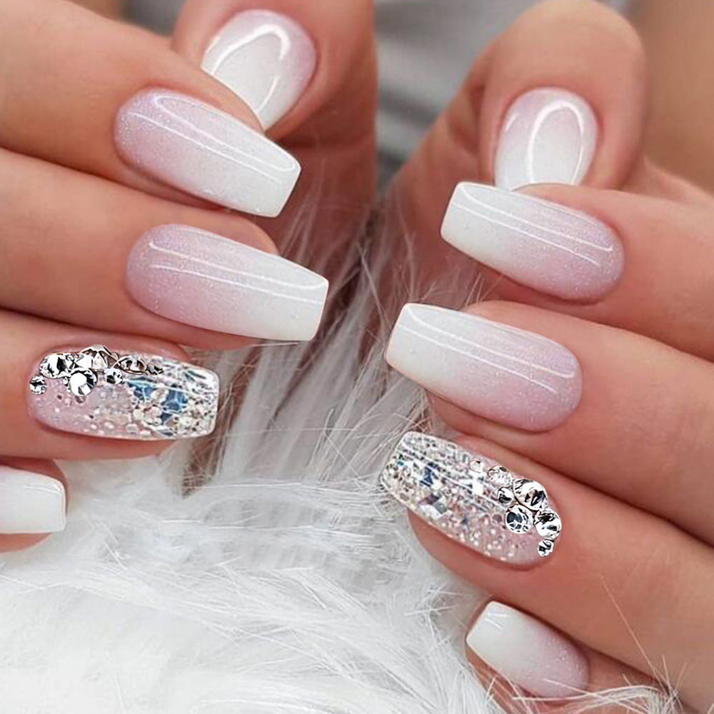 White Glitter Rhinestone Nail With Glue Diy Art Design False Nails - 24Pcs