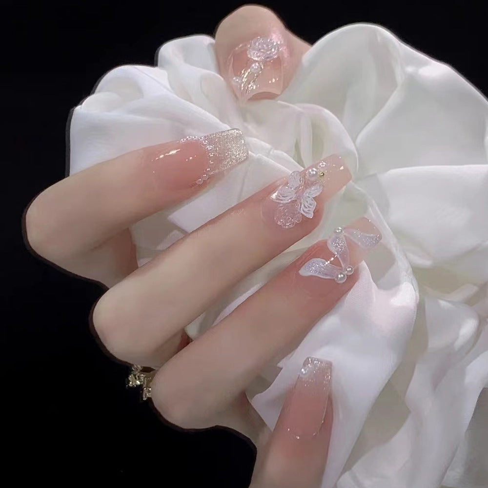 Three-Dimensional Camellia Pearl Hand-Worn Nail Glitter Jelly Gel Wearable Nails - 24Pcs