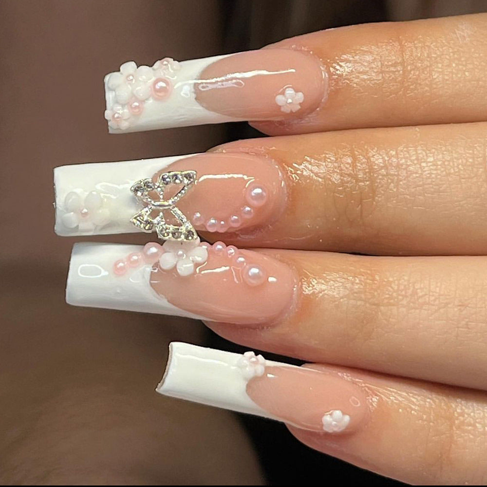 Camellia Pearl Butterfly Nail Art Wearable Nails Stylish Pattern Artificial Nails - 24pcs