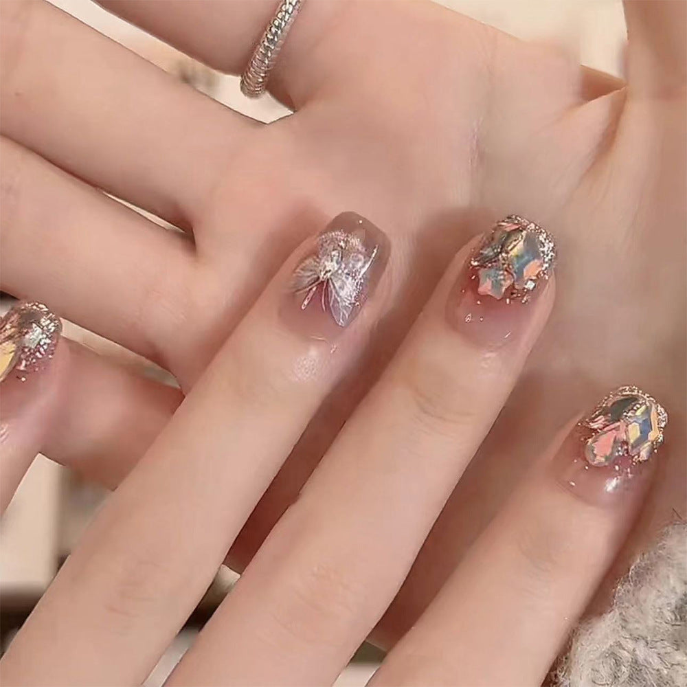 Style Sweet Gradient Star Butterfly Diamond Nail Wearable Nails - 24Pcs