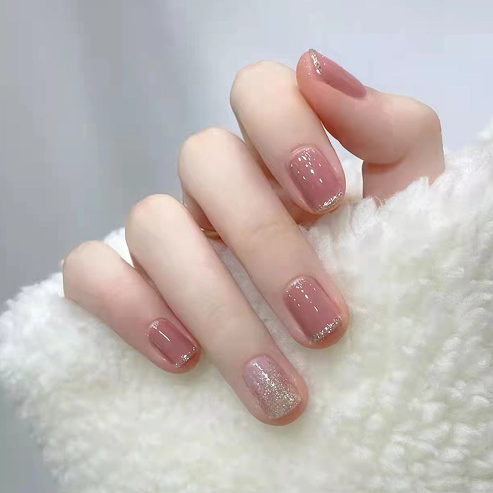 Glitter Pink Transparent Whitening Fake Nails With Glue - 24PCS