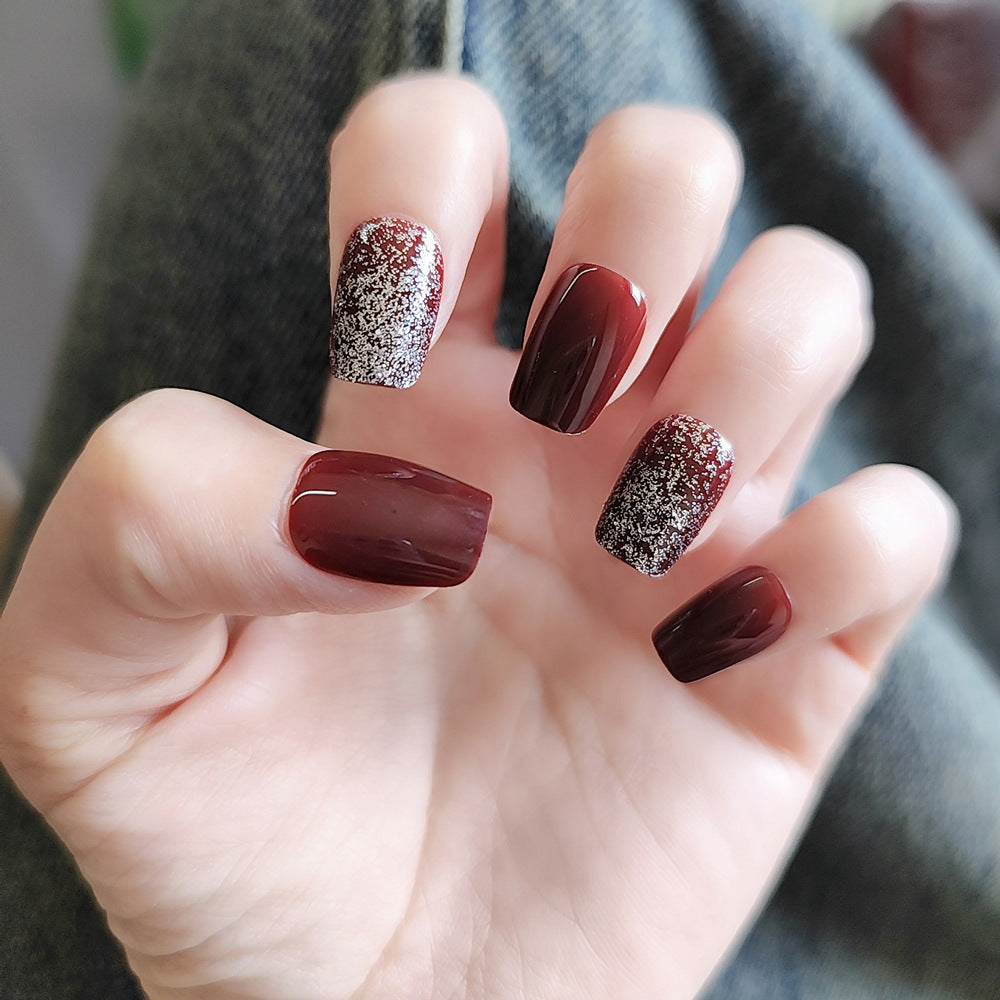 Burgundy with Silver Glitter With Glue Diy Art Design False Nails - 24PCS
