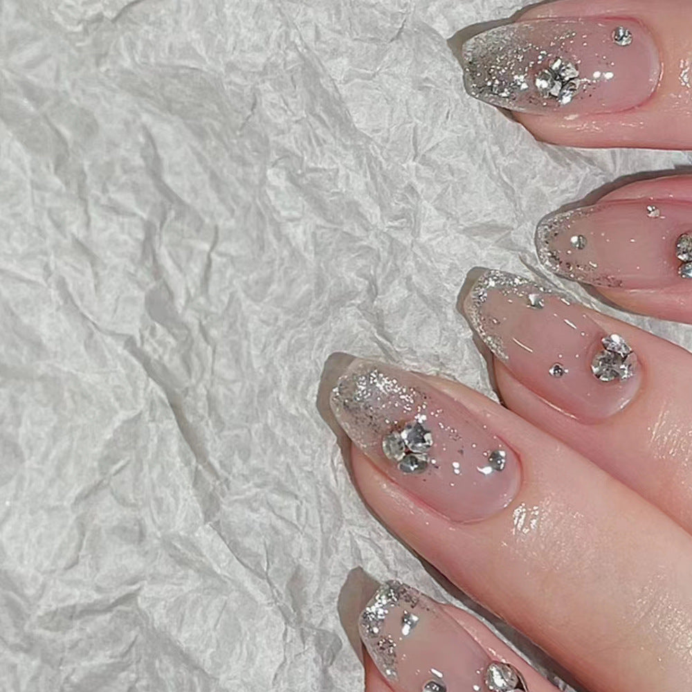 Nude Pink And Silver Rhinestone Embellished Nail With Glue Diy Art Design False Nails - 24Pcs