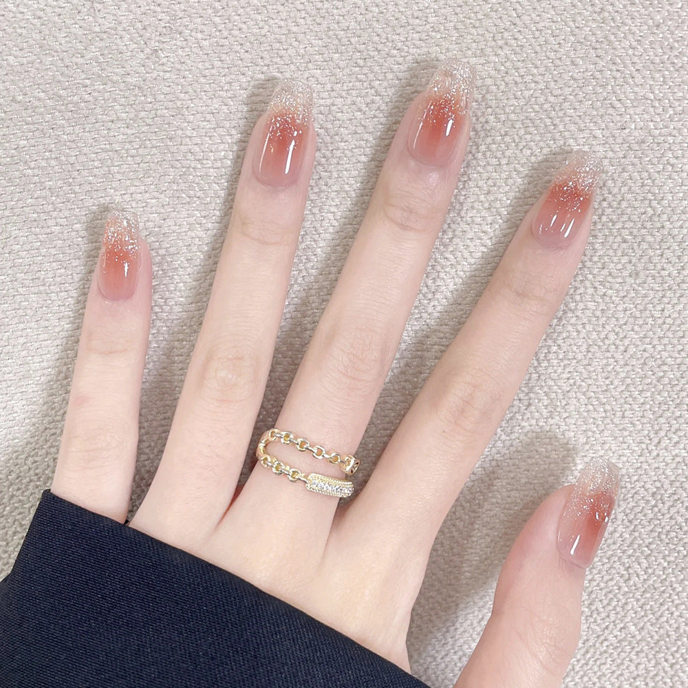 Pink Gold Gradient Sweet And Cool Manicure Patches, Fresh Nude Pink Whitening Wearable Nails - 24Pcs