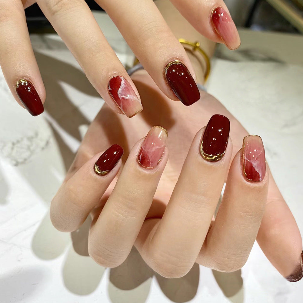 3D Gel Brown-Red Whitening Gilded Lines Nails With Glue - 24PCS
