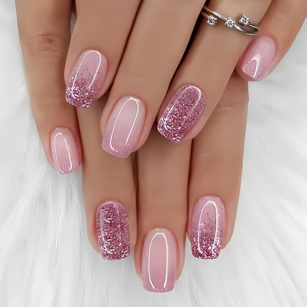 Sparkling Pink Gradient European Square Manicure Wearable Nails -  24Pcs