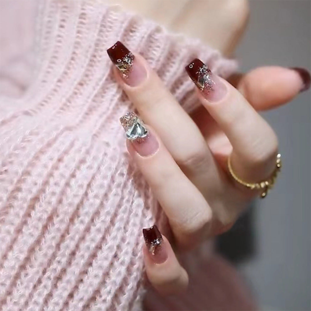 Little Wine Red French Diamond Nail With Glue Diy Art Design False Nails _24Pcs
