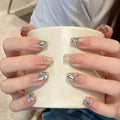 Silver-Edged Diamond Nail With Glue Diy Art Design False Nails Wearable Nails Stylish Pattern Artificial Nails - 24Pcs