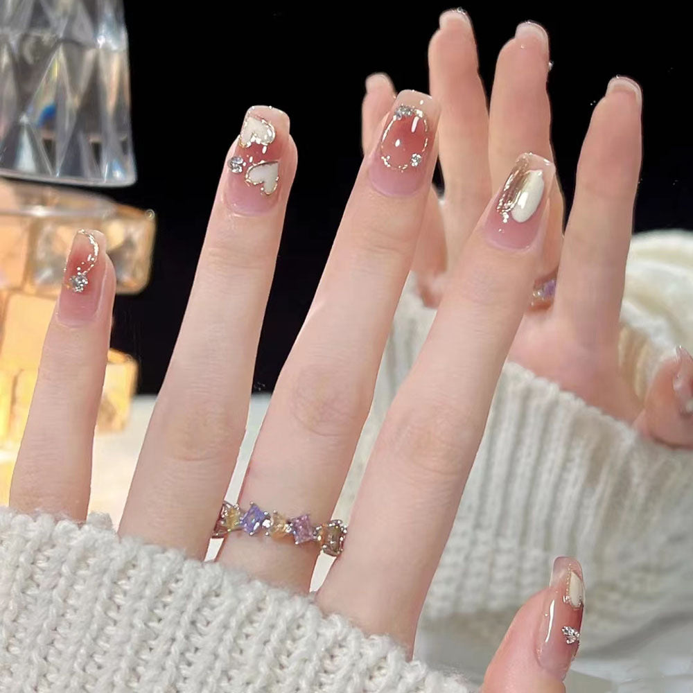 Heart Blush Diamond Manicure Nails With Glue Diy Art Design False Nailsv - 24Pcs