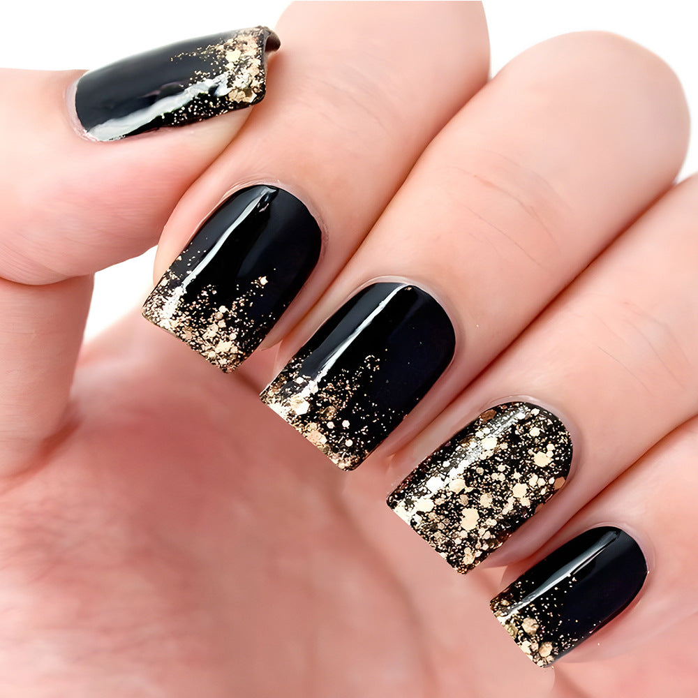 24Pcs Hot Gold Glitter Black Nail With Glue Diy Art Design False Nails - 24Pcs