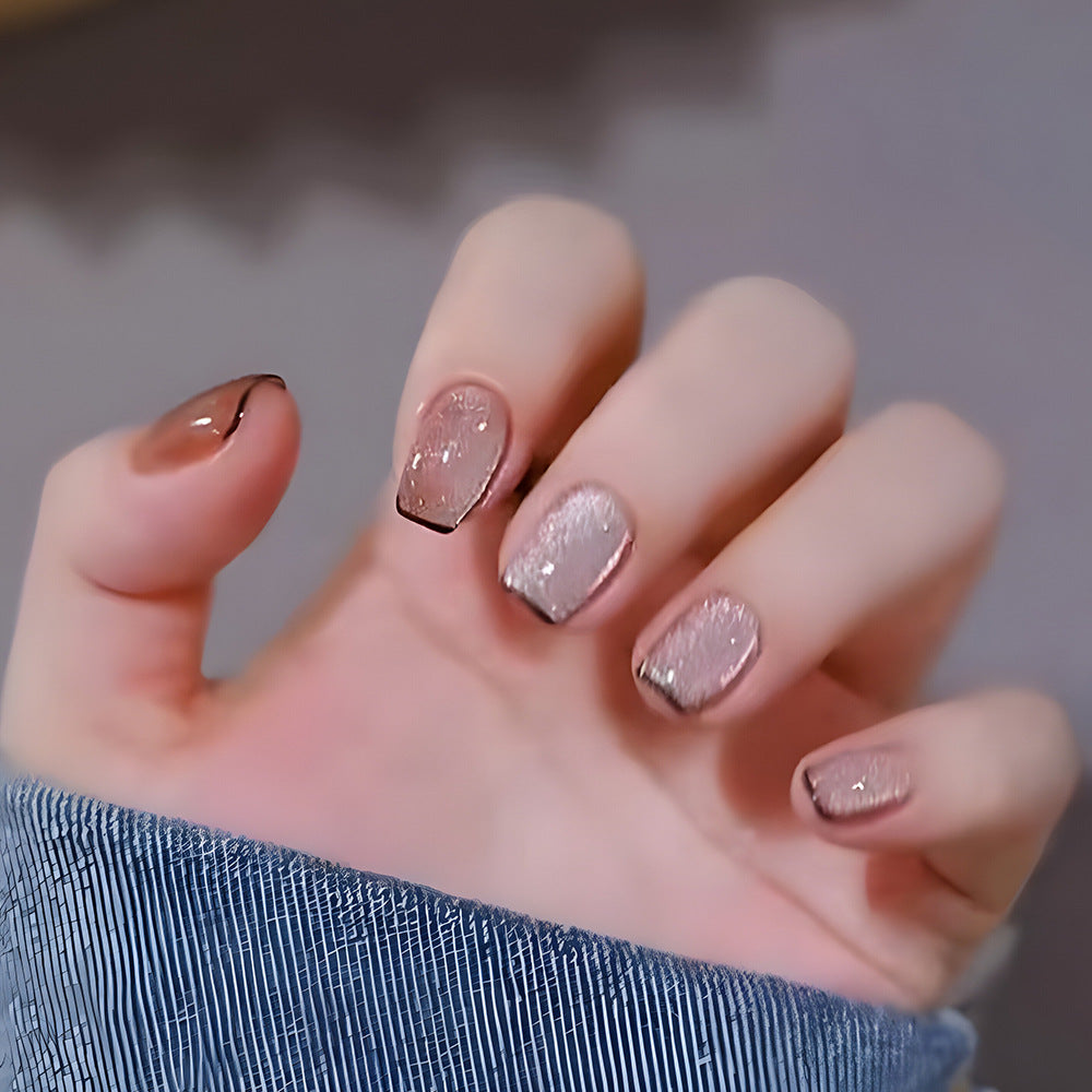Milk Tea Color Black French Nail With Glue Diy Art Design False Nails - 24Pcs