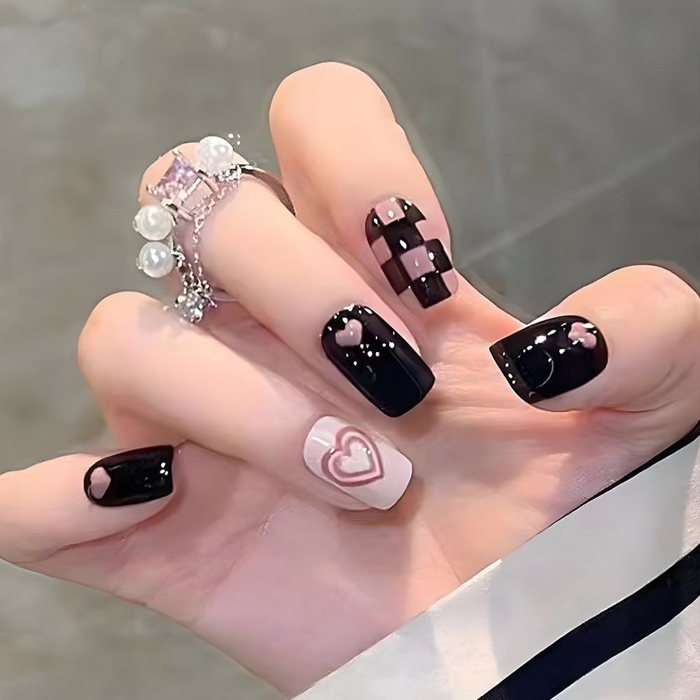 Pink Heart Wearable Fake Nails With Glue Diy Art Design False Nails - 24Pcs