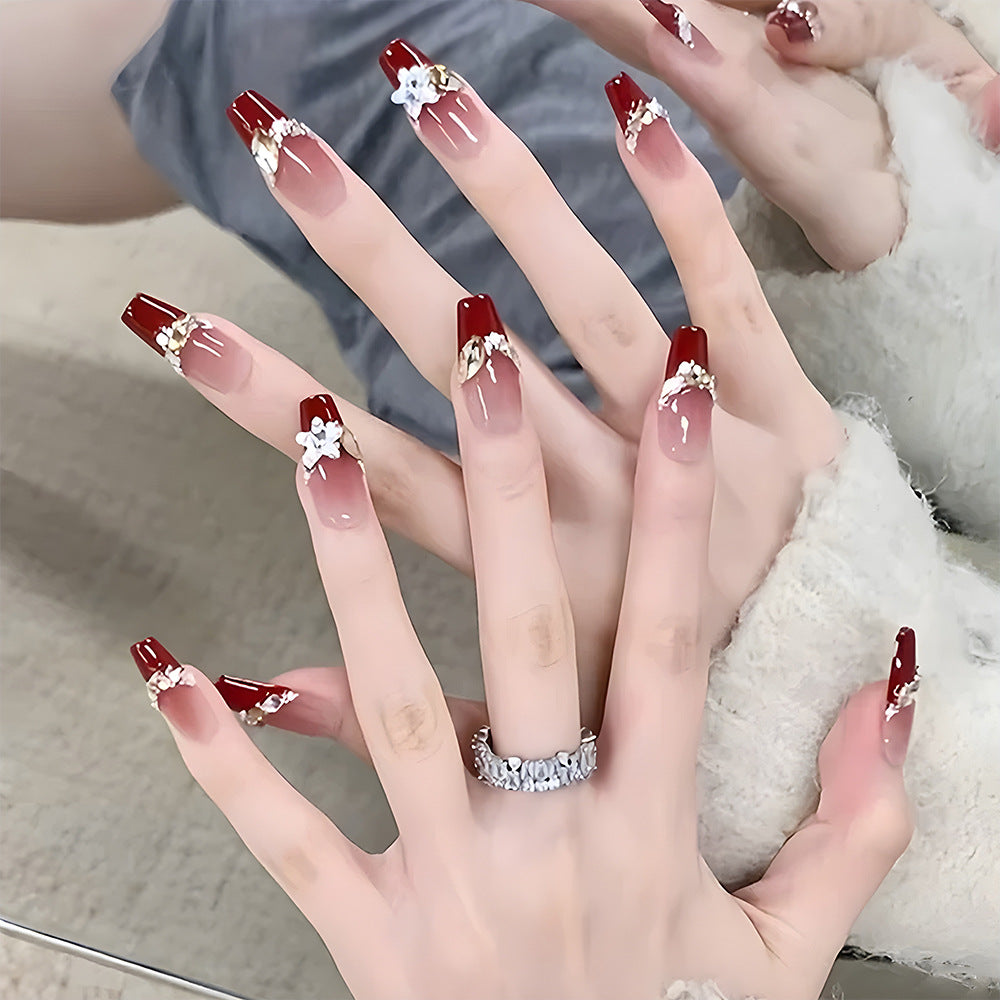 Pink Wine Red Gradient Diamond With Glue Diy Art Design False Nails - 24Pcs