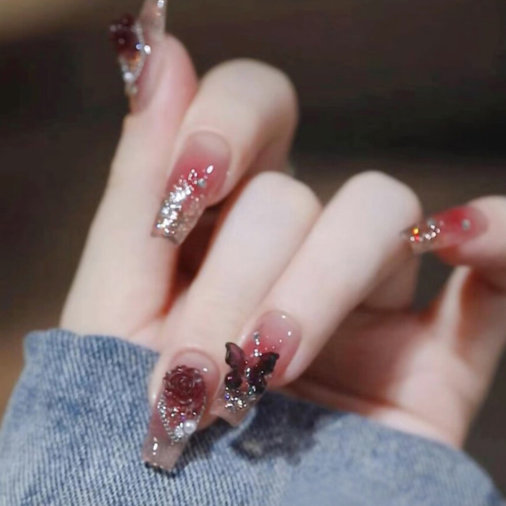 Butterfly Manicure Blush Gradient Camellia Nail Wearable Nails - 24pcs