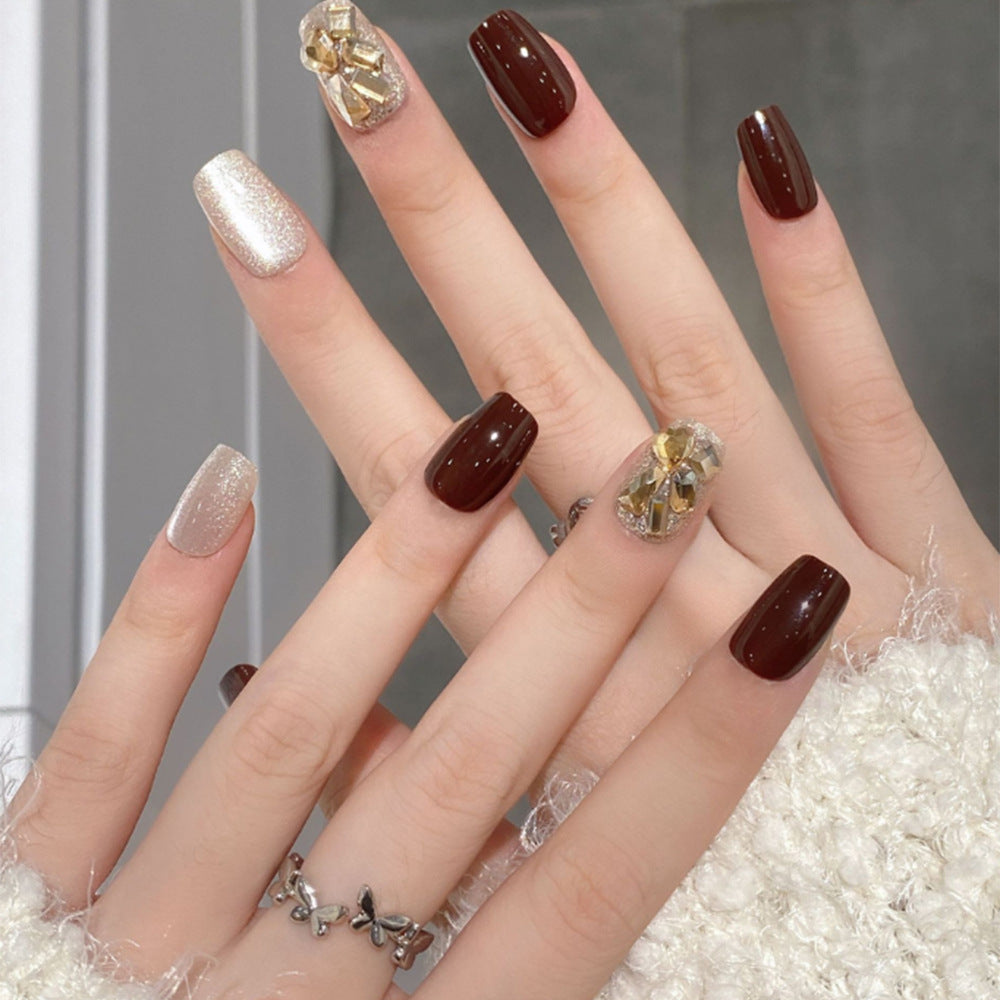 Wine Red Pure Nail With Glue Diy Art Design False Nails Wearable Nails - 24Pcs